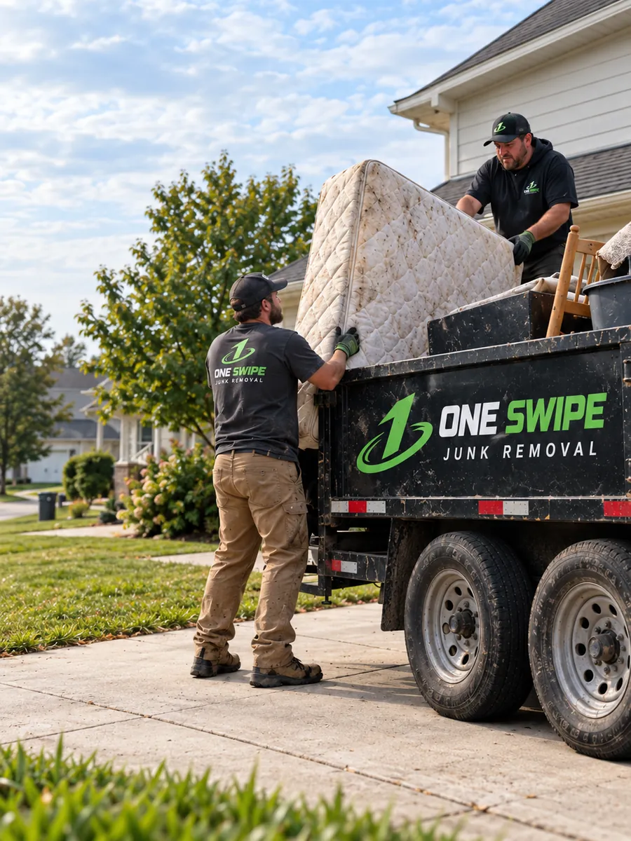 The One Sweep Junk Removal crew loading an old mattress onto the trailer
